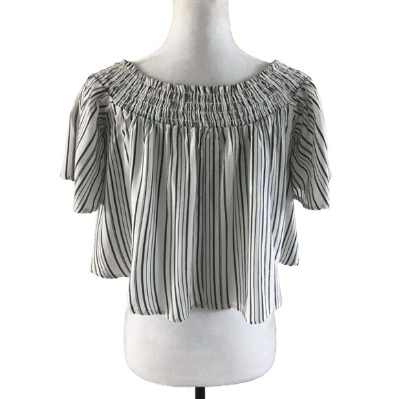 KIMCHI BLUE Short Sleeve Crop Top Sz Small White Black Stripe Shirring Neckline - Picture 1 of 7